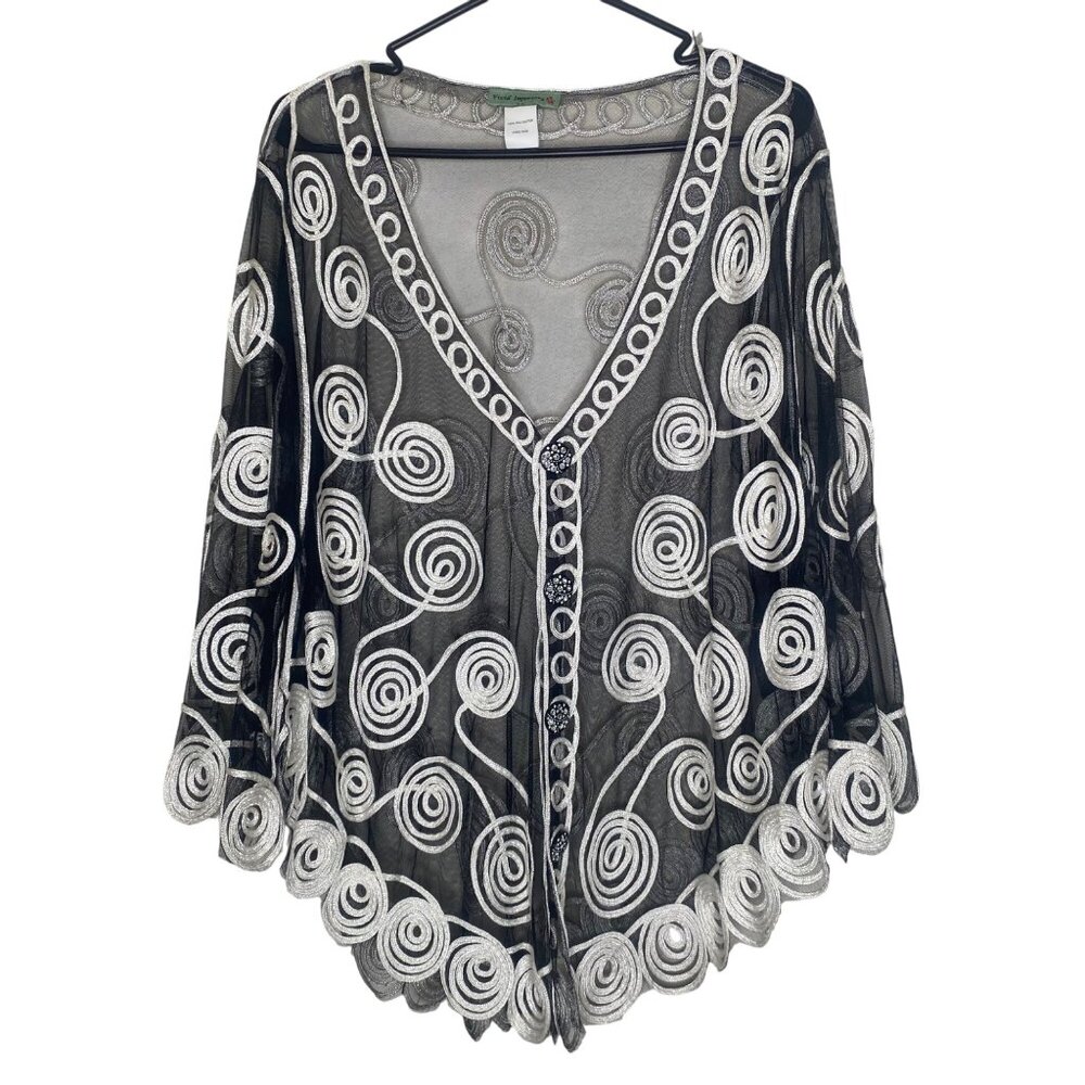 vintage Vivid Importers Button Up Top XL Black Sheer Swirl Embroidery Elegant Ev